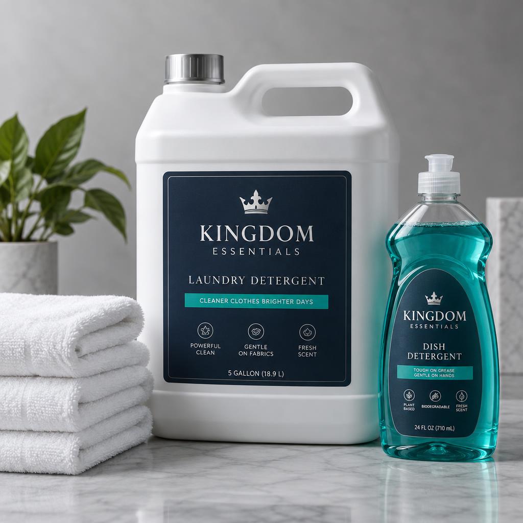 Kingdom household packaging concept with detergent and towels